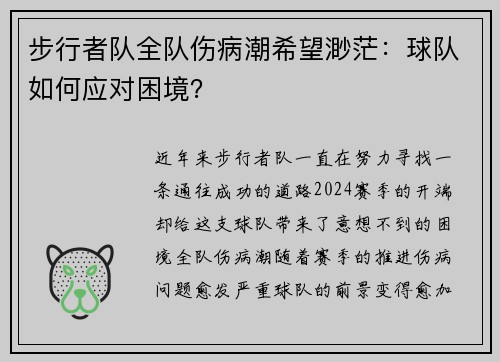 步行者队全队伤病潮希望渺茫：球队如何应对困境？